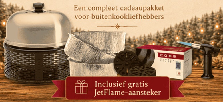 Inhoud COBB Samen Buiten pakket met zwarte COBB Pro en gratis JetFlame-aansteker